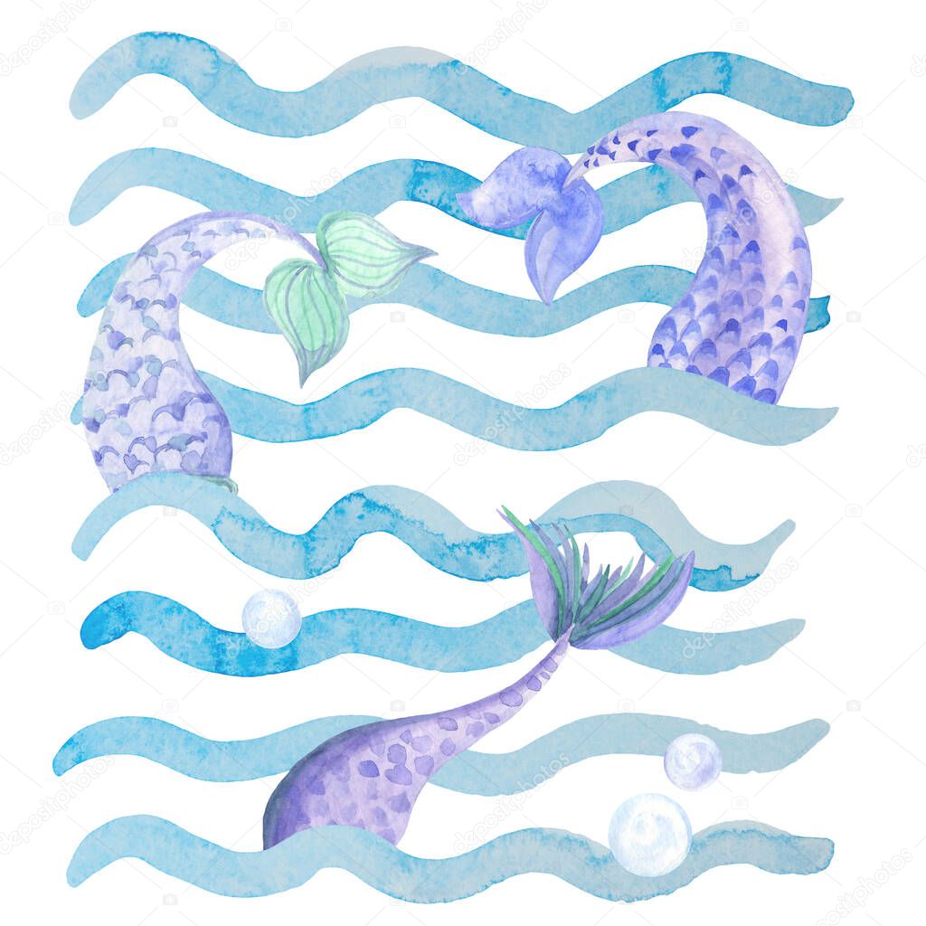 Beautiful hand-drawn watercolor poster on a marine theme. Mermaid tail in sea waves 