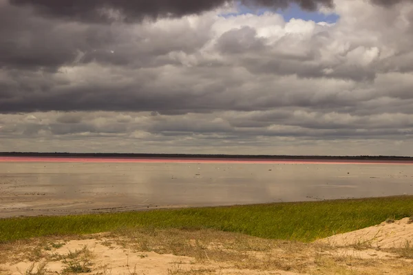 Salt Lake różowy w pustyni i pochmurne niebo — Zdjęcie stockowe