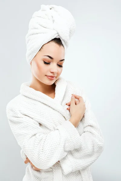 Girl wearing towel and bathrobe — Foto Stock