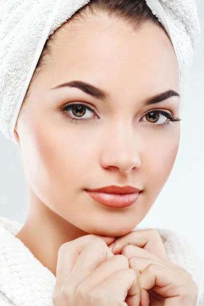 Girl wearing towel and bathrobe — Stock fotografie