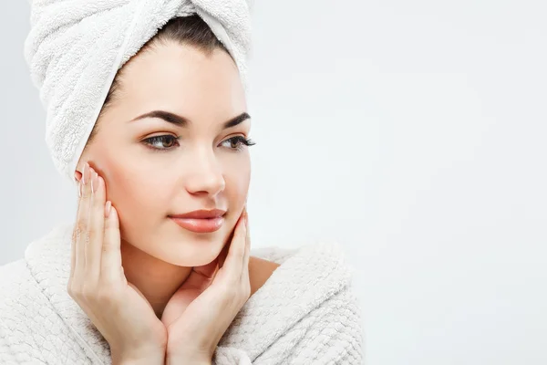 Girl wearing towel and bathrobe — Stock Fotó