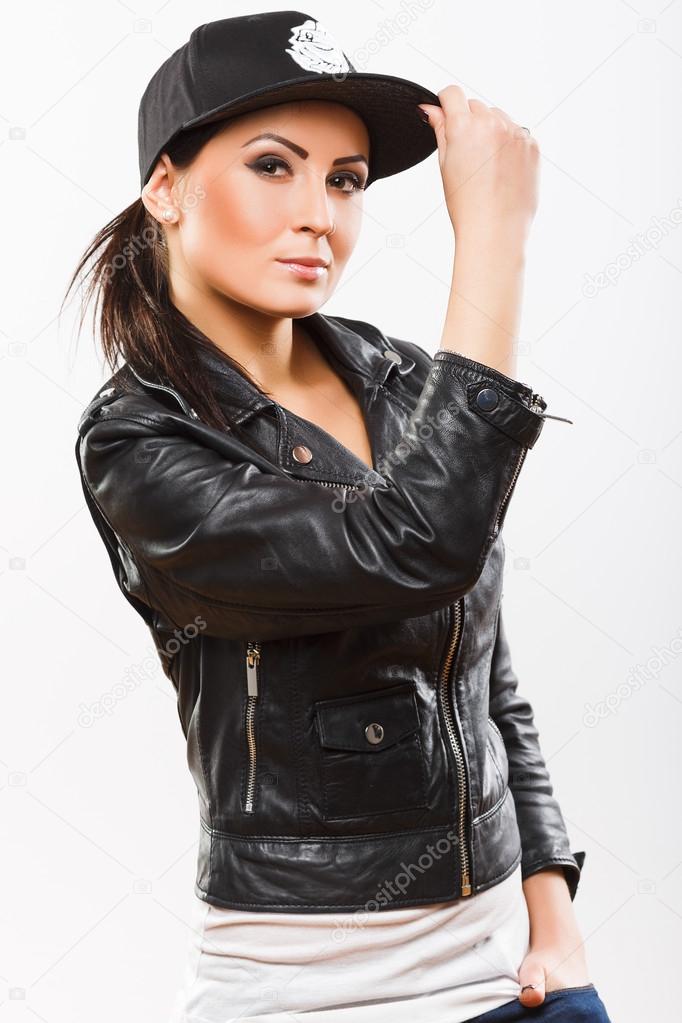 Girl wearing leather outlet jacket