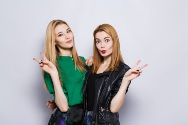 Two female friends at gray studio background
