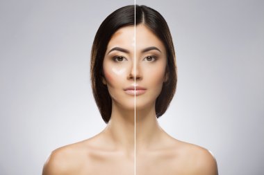 Makyajsız ve makyajsız bir modelin karşılaştırma portresi