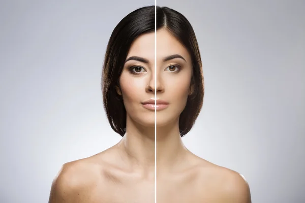 Comparison portrait of two parts of model face — Stock Photo, Image