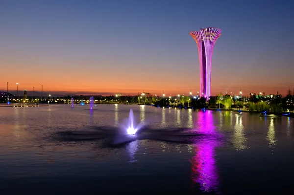 Torre y fuente iluminadas, de diferentes colores, por la noche. Exposición Botánica 2016 . — Foto de Stock