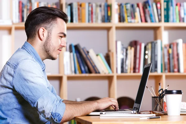 Genç iş adamı dizüstü bilgisayarla çalışıyor