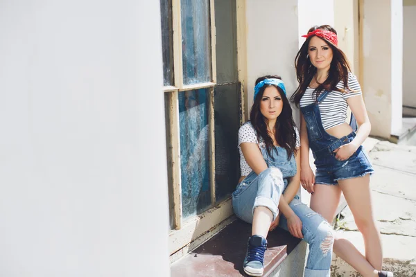 Twins girls dressed in overalls — Stock Photo, Image