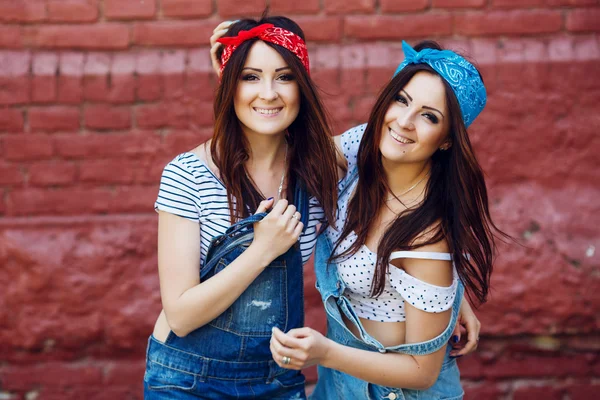 Brunette twins girls smiling — Stock fotografie