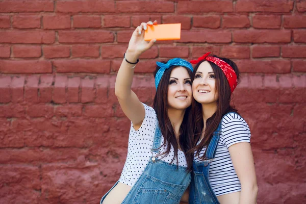Twins girls doing selfie — Stock Photo, Image