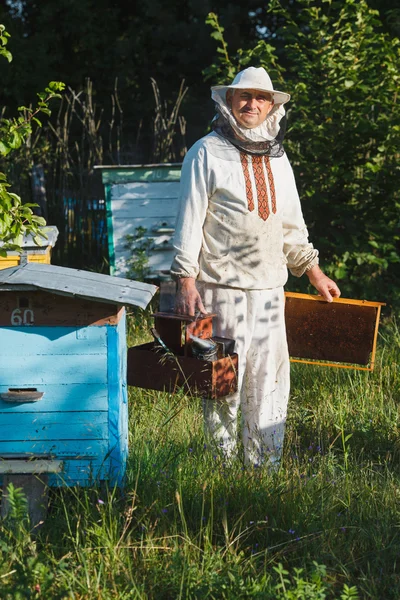 Apiarista con attrezzatura in giardino . — Foto Stock