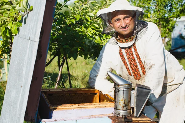 Méhész csinál a beehive vizsgálata — Stock Fotó