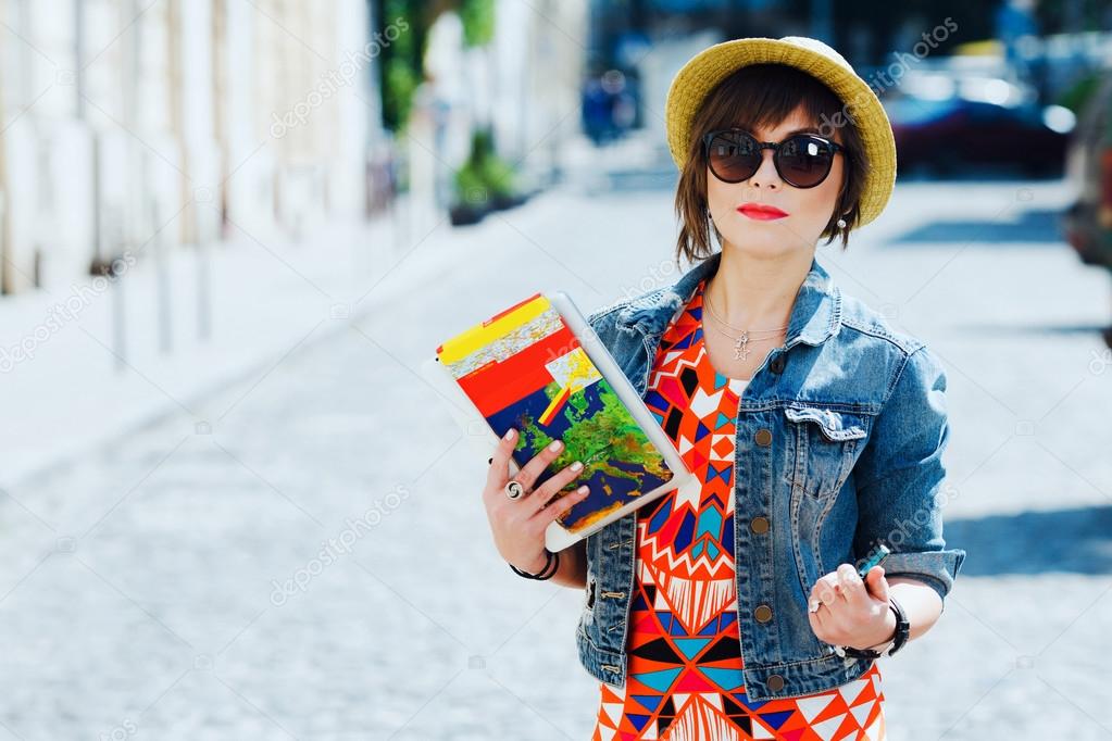 tourist woman with map