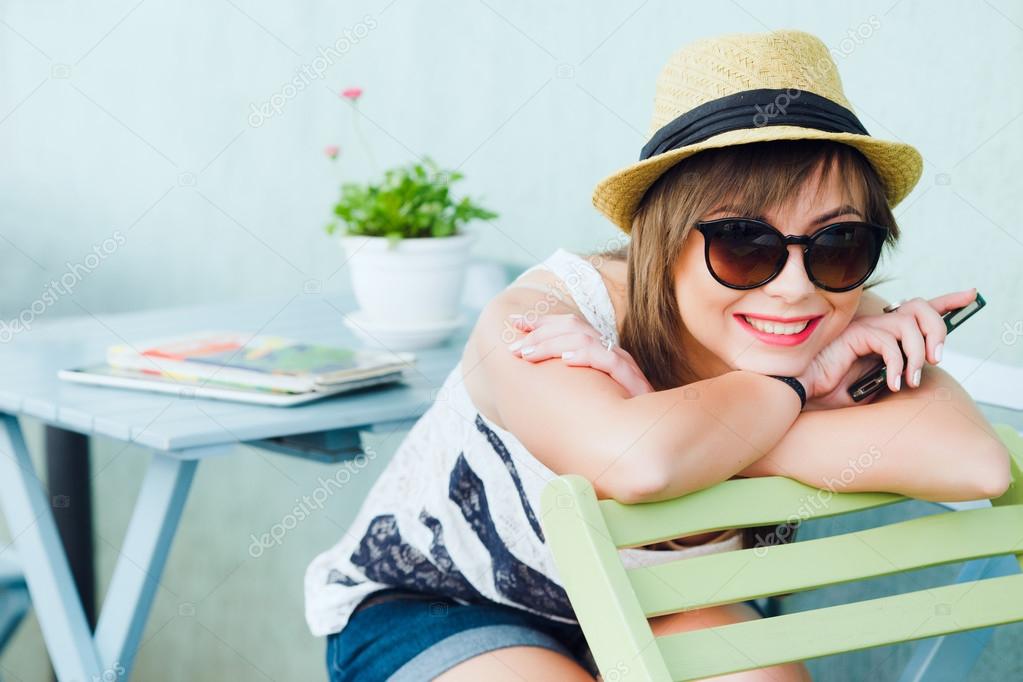 fashionable tourist girl smiling