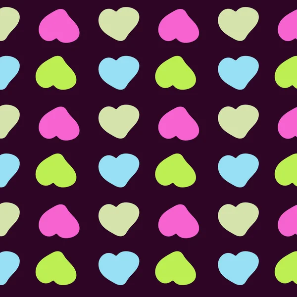 Patrón con rosa, azul, corazones verdes sobre fondo oscuro — Vector de stock