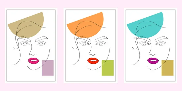Set Woman Face Continuous Line Art Abstract Contemporary Collage Geometric — Stock Vector