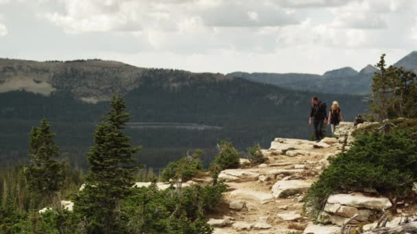 Туристы, идущие вдоль скалы в горах — стоковое видео