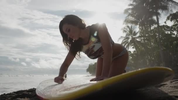 Surfer beim Wachsen des Surfbretts am Strand — Stockvideo