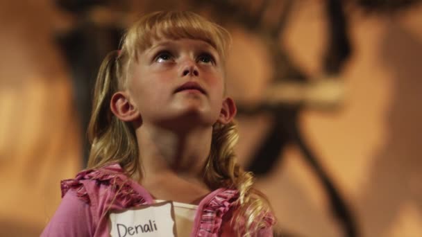 Девушка смотрит на скелет динозавра — стоковое видео