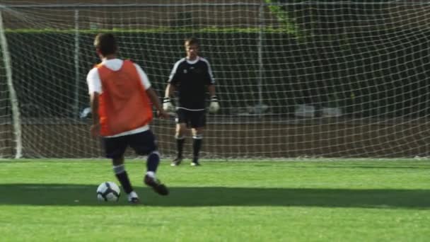 Jogador marcando gol no campo — Vídeo de Stock