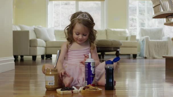 Ballerina girl on floor with whipped cream — Stock Video