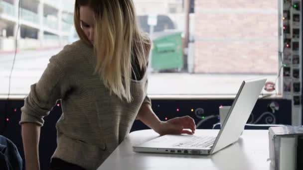 Mujer joven usando el ordenador portátil — Vídeos de Stock