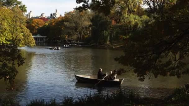 Couple in row boat at Central Park lake — Stock Video