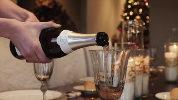 Kadın yemek masada şarap dökme — Stok video