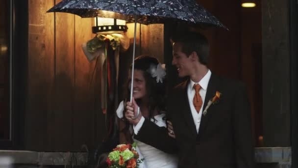 Braut und Bräutigam spazieren unter Regenschirm — Stockvideo