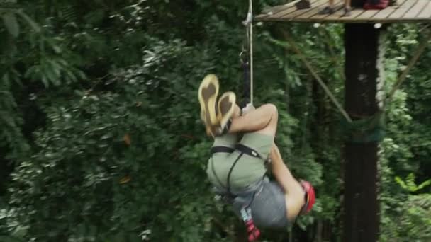 Man svängande på zipline i regnskog — Stockvideo