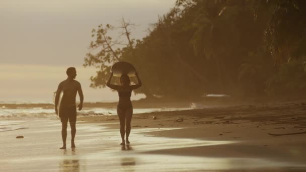 Paar spaziert bei Sonnenuntergang am Strand — Stockvideo