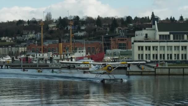 Wasserflugzeug landet im Hafen — Stockvideo