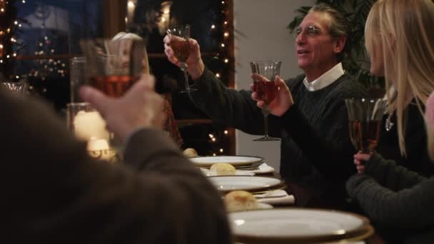 Family with children toasting at dining table — Stock Video