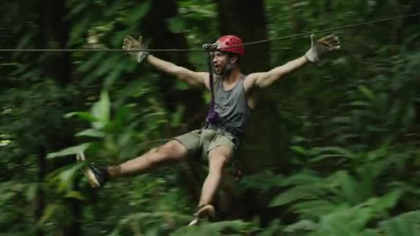 Man ziplining in rain forest — Stock Video