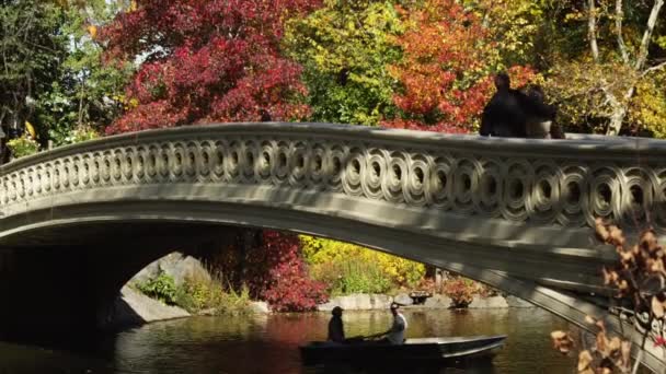 Casal parando no meio da ponte sobre o lago — Vídeo de Stock