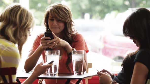 Las mujeres que usan teléfonos móviles en la cafetería — Vídeo de stock