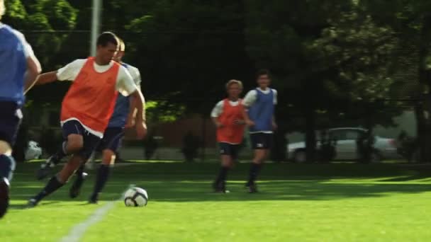 Jugador anotando gol en el campo — Vídeo de stock
