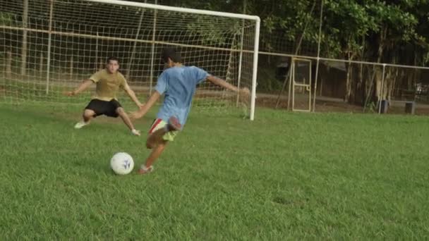 Футбольная команда забивает гол и аплодирует — стоковое видео