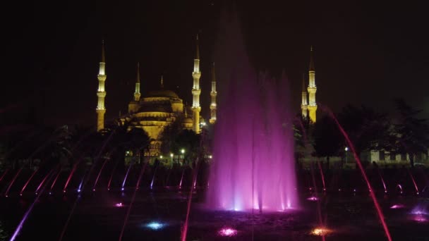 Beleuchteter Brunnen mit blauer Moschee — Stockvideo