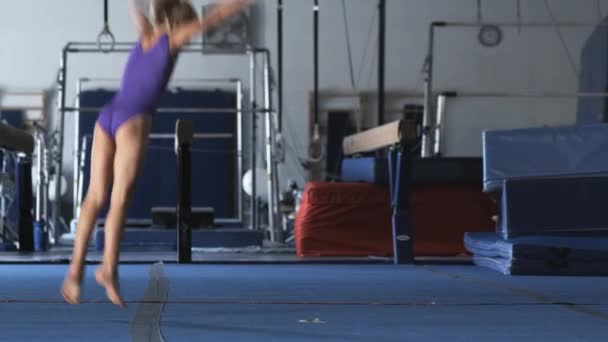 체육관에서 somersaults를 하 고 하는 여자 — 비디오