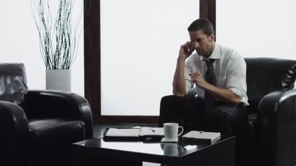 İş adamı cep telefonuyla konuşuyor. — Stok video