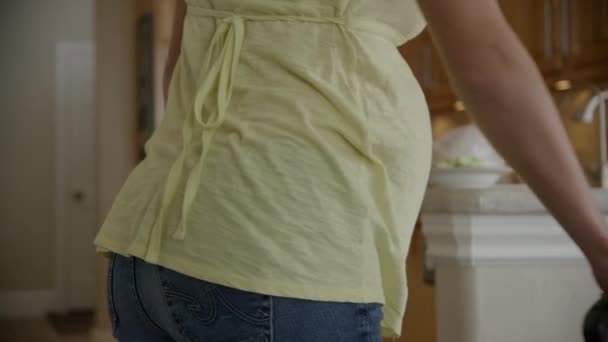 Gravid kvinna vacuuming house — Stockvideo
