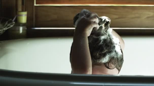 Chica lavando el cabello en la bañera — Vídeos de Stock