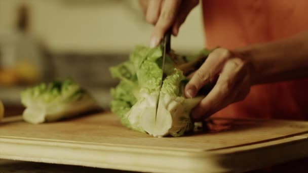 Mujer rebanando lechuga en la tabla de cortar — Vídeos de Stock