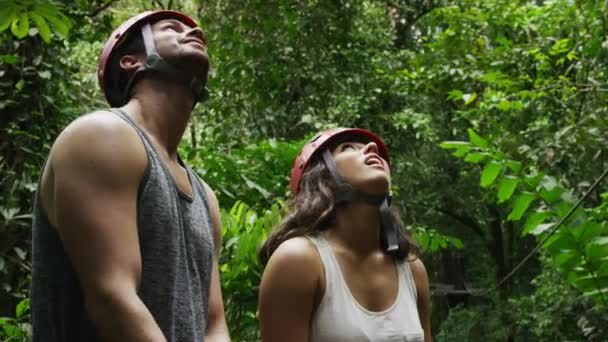 Casal admirando zíperes na floresta tropical — Vídeo de Stock