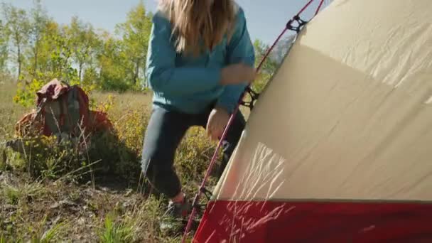 Vandrare montering camping tält nära mountain — Stockvideo