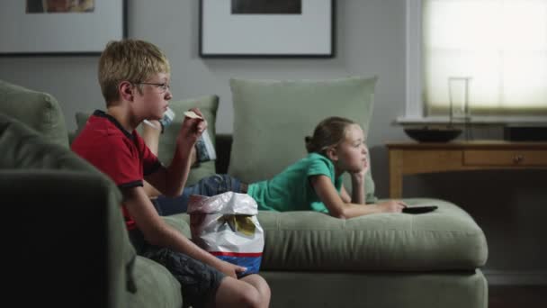 Niño y niña comiendo patatas fritas — Vídeo de stock