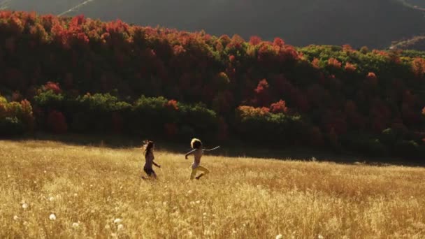 Dvě mladé dívky běží dolů pole trávy — Stock video