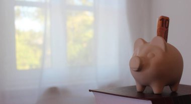 Bir domuz kumbarası, bir 10 'luk, koyu kırmızı bir kitap ve arka plan olarak bir pencere.