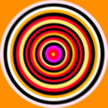 Turuncu kırmızı, siyah, parlak, pürüzsüz duvar kağıdı desenli, boğa gözü desenli. 